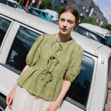 R: MELINA bow tie linen blouse (Color: White; Size: L)