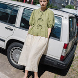 R: MELINA bow tie linen blouse (Color: White; Size: L)