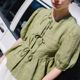 R: MELINA bow tie linen blouse (Color: White; Size: L)