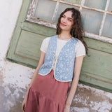 R: INEZ reversible bow tie linen vest (Size: M/L; Color: Sage Blossom // Natural/White Gingham)