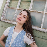 R: INEZ reversible bow tie linen vest (Size: M/L; Color: Sage Blossom // Natural/White Gingham)