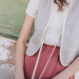 R: INEZ reversible bow tie linen vest (Size: M/L; Color: Sage Blossom // Natural/White Gingham)