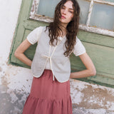 R: INEZ reversible bow tie linen vest (Size: M/L; Color: Sage Blossom // Natural/White Gingham)