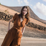 CU: Customized IVY wrap wide leg linen jumpsuit (Size: S/M; Color: Admiral Blue)