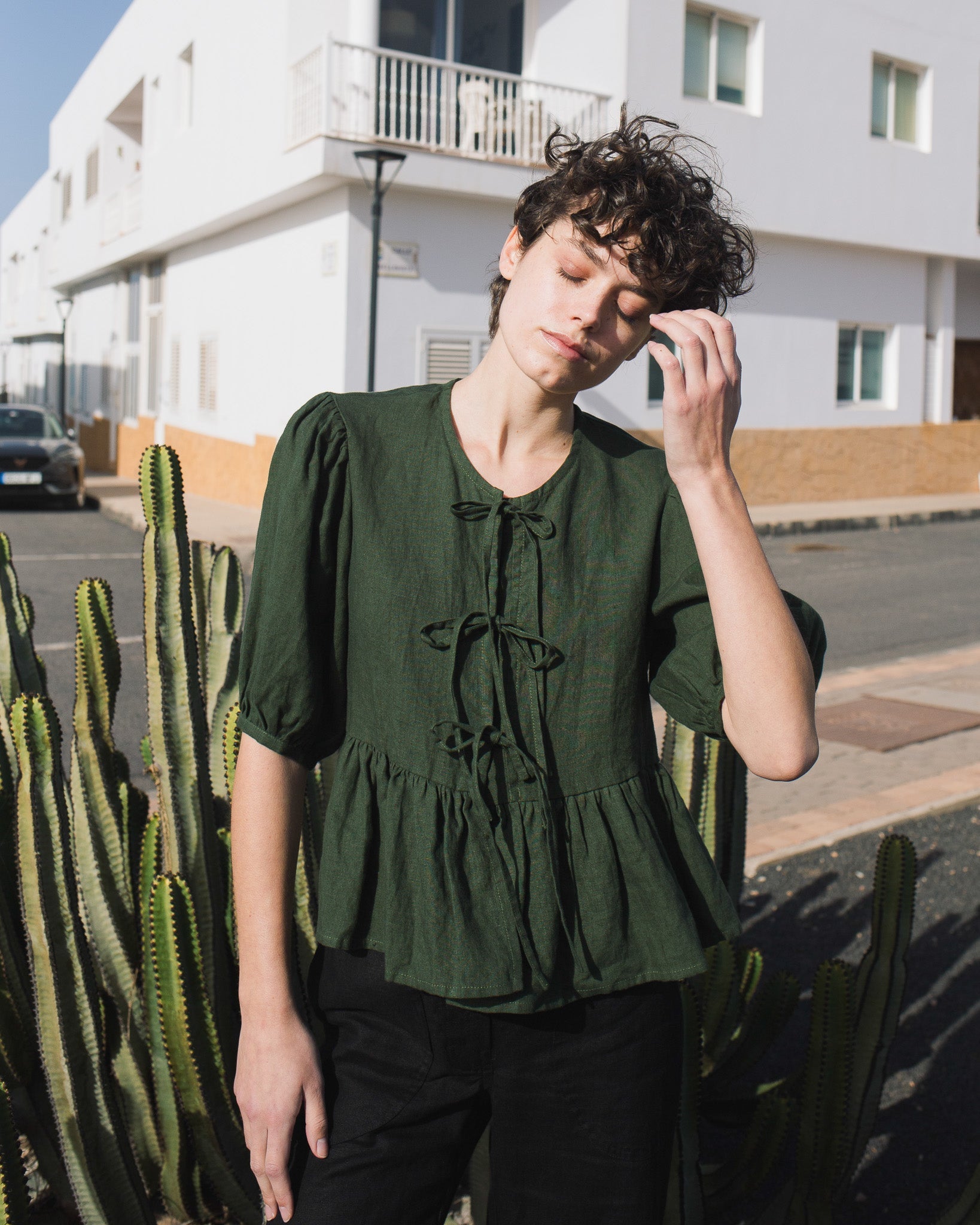 MELINA bow tie linen blouse - notperfectlinen