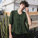 R: MELINA bow tie linen blouse (Size: S; Color: Light Black Checks)