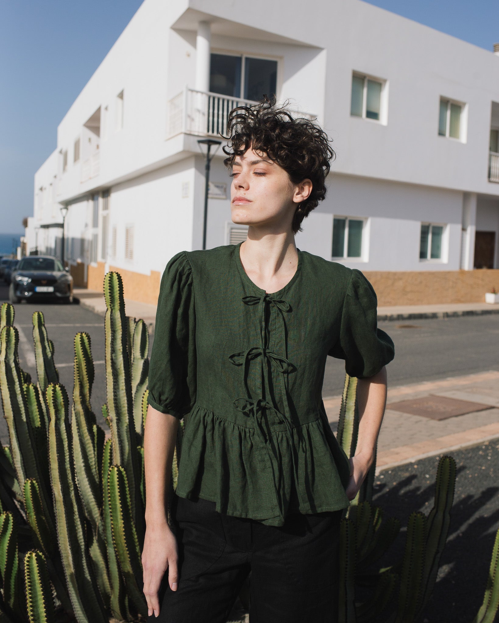 MELINA bow tie linen blouse - notperfectlinen