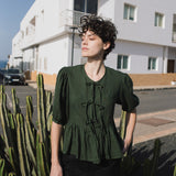 R: MELINA bow tie linen blouse (Size: S; Color: Light Black Checks)