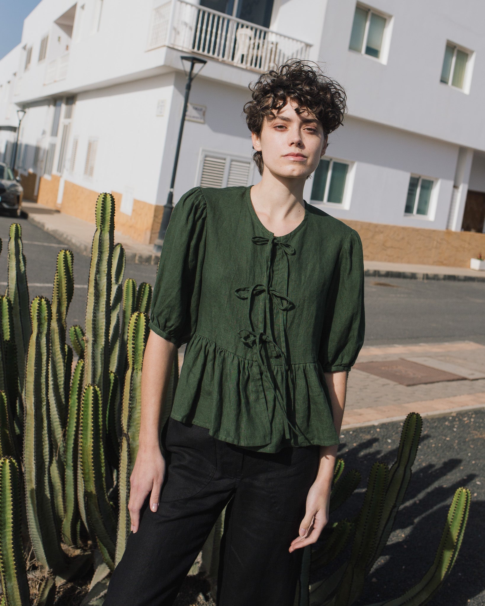 MELINA bow tie linen blouse - notperfectlinen