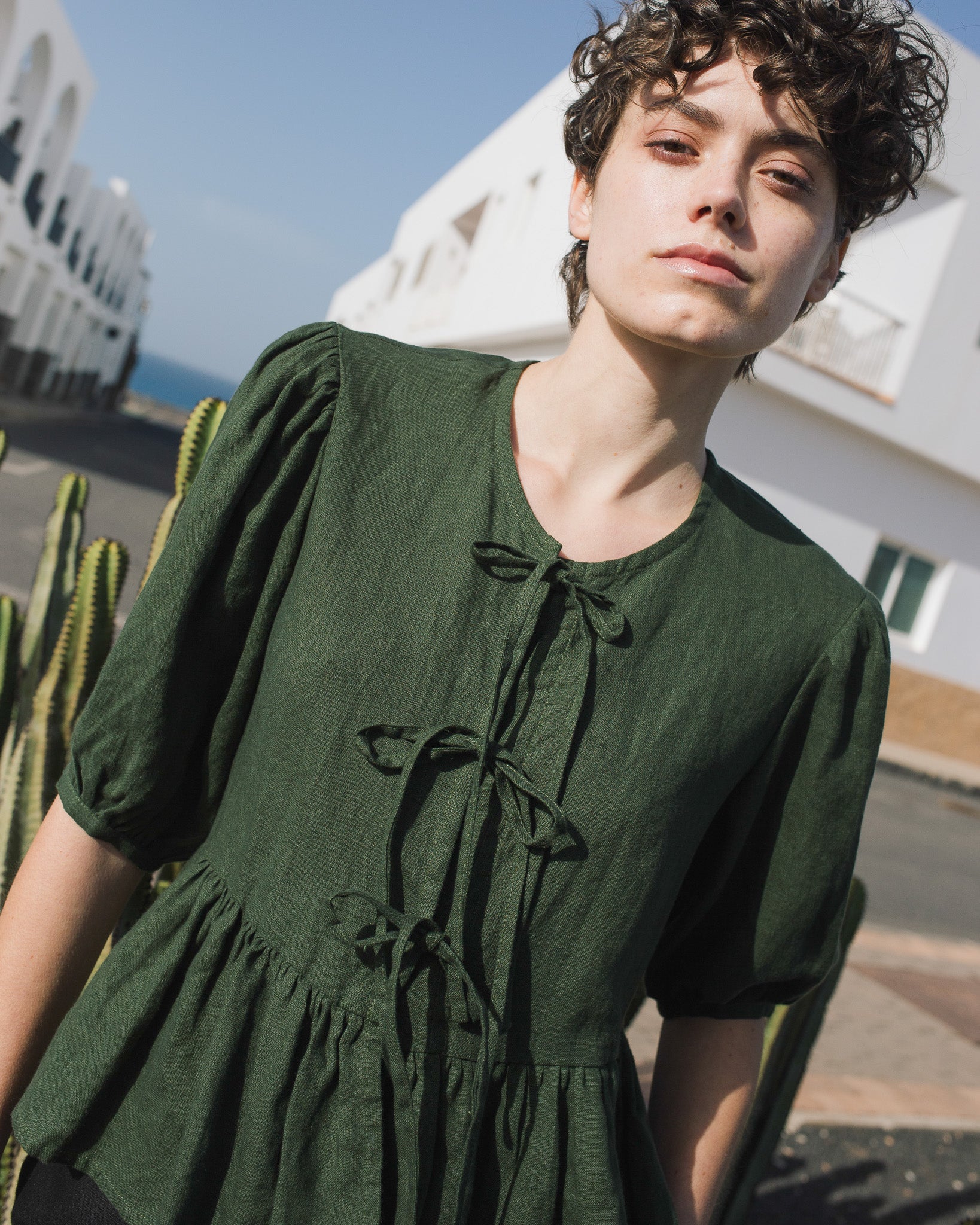 MELINA bow tie linen blouse - notperfectlinen