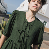R: MELINA bow tie linen blouse (Size: S; Color: Light Black Checks)