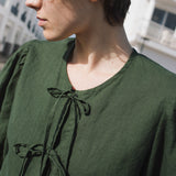 R: MELINA bow tie linen blouse (Size: S; Color: Light Black Checks)
