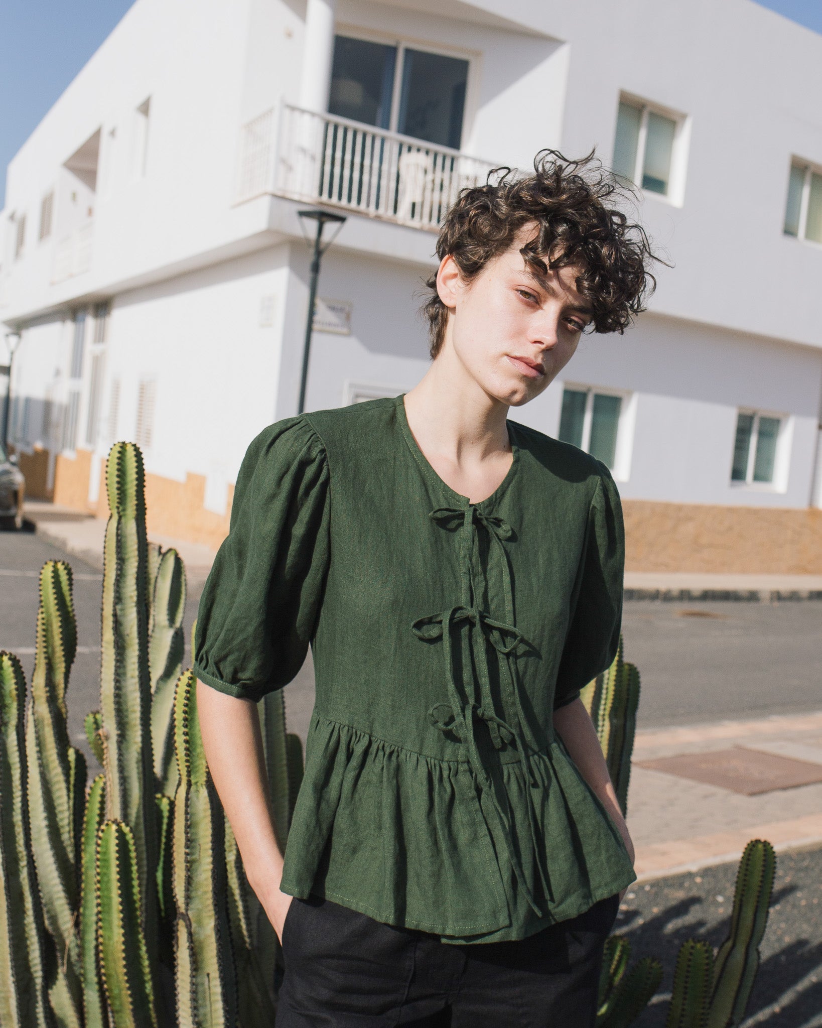 MELINA bow tie linen blouse - notperfectlinen