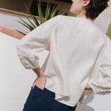 R: ELMINA button-up linen shirt (Size: S/M; Color: Night Cherries)