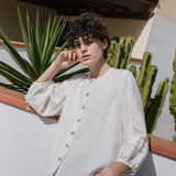 R: ELMINA button-up linen shirt (Size: S/M; Color: Night Cherries)