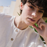 R: ELMINA button-up linen shirt (Size: S/M; Color: Night Cherries)