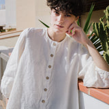 R: ELMINA button-up linen shirt (Size: S/M; Color: Night Cherries)