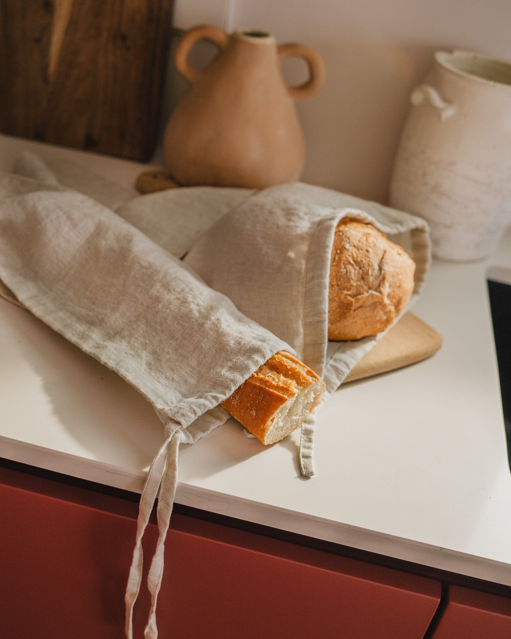 Set of 2 Linen Bread Bags (loaf + baguette) in natural linen - notPERFECTLINEN