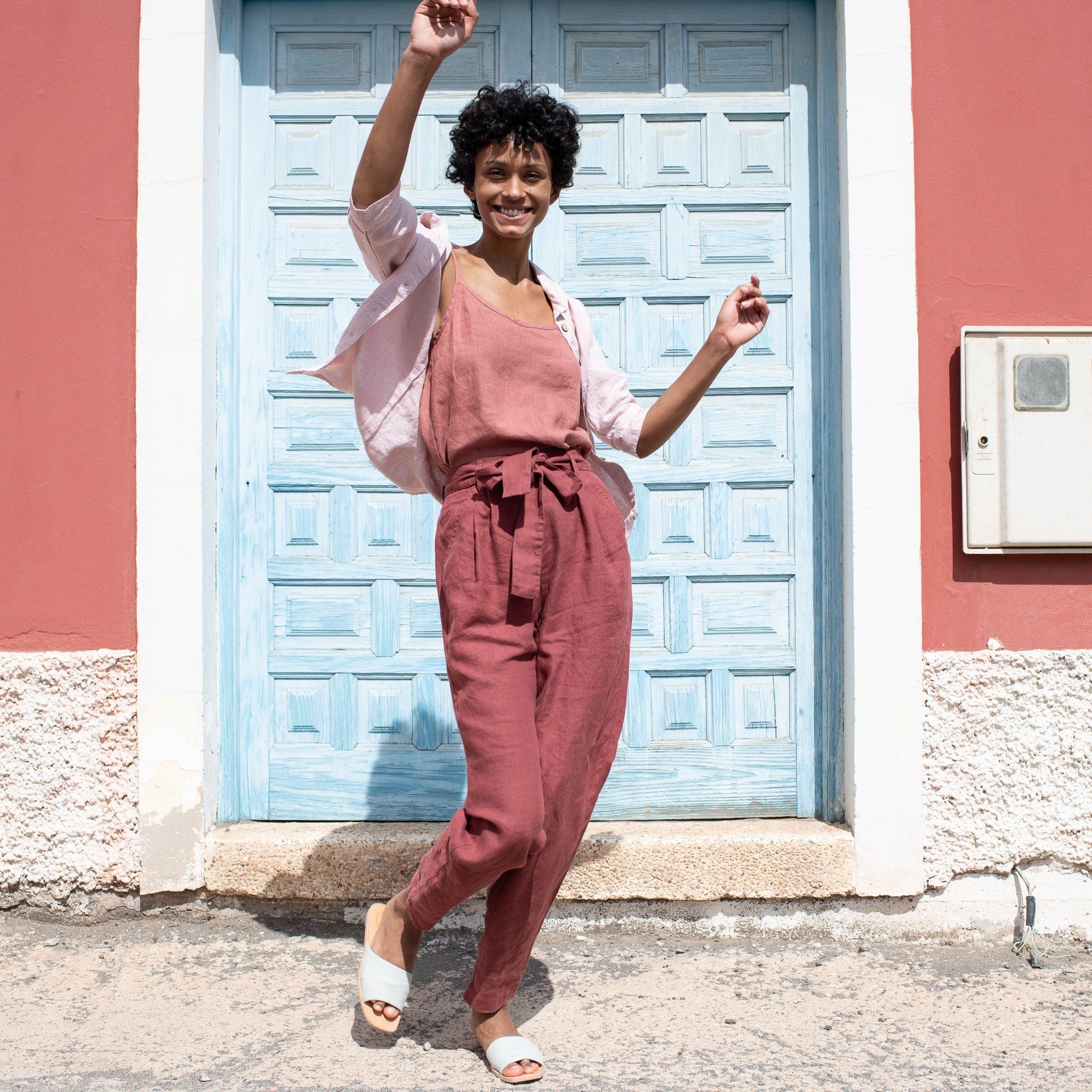 R: BOYFRIEND loose pleated linen pants (Size: XS; Color: Magenta) - notperfectlinen