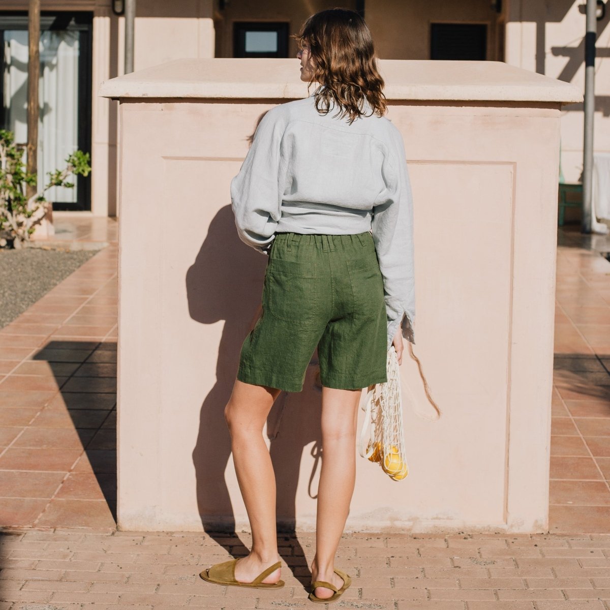 R: MORCOTE high-waisted linen SHORTS (Size: S; Color: Lime/White Gingham) - notperfectlinen