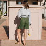 R: MORCOTE high-waisted linen SHORTS (Size: S; Color: Lime/White Gingham) - notperfectlinen