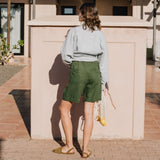 R: MORCOTE high-waisted linen SHORTS (Size: S; Color: Lime/White Gingham) - notperfectlinen