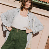 R: MORCOTE high-waisted linen SHORTS (Size: S; Color: Lime/White Gingham) - notperfectlinen