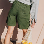 R: MORCOTE high-waisted linen SHORTS (Size: S; Color: Lime/White Gingham) - notperfectlinen