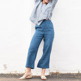 R: PUGLIA straight cut cropped linen pants (Size: M/L; Color: Dark-Grey-Blue)