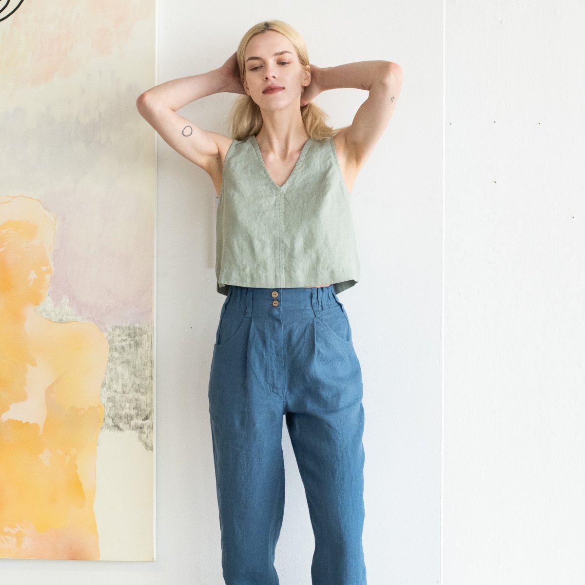 R: DAMME high-waisted pleated front linen pants (Size: XS; Color: Charcoal Blue) - notPERFECTLINEN