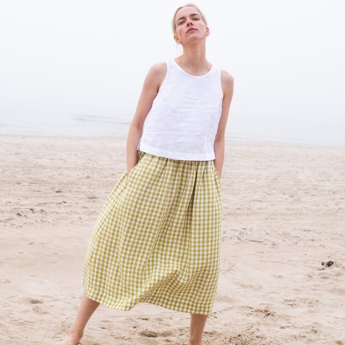 R: SION gathered linen skirt (Size: M; Color: Yellow/Natural) - notPERFECTLINEN
