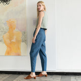 R: DAMME high-waisted pleated front linen pants (Size: XS; Color: Charcoal Blue)