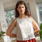 Bay-2 (or Bay) linen top in Cream + Sion linen skirt in Orange/Blue Gingham (non-customizable) - notPERFECTLINEN