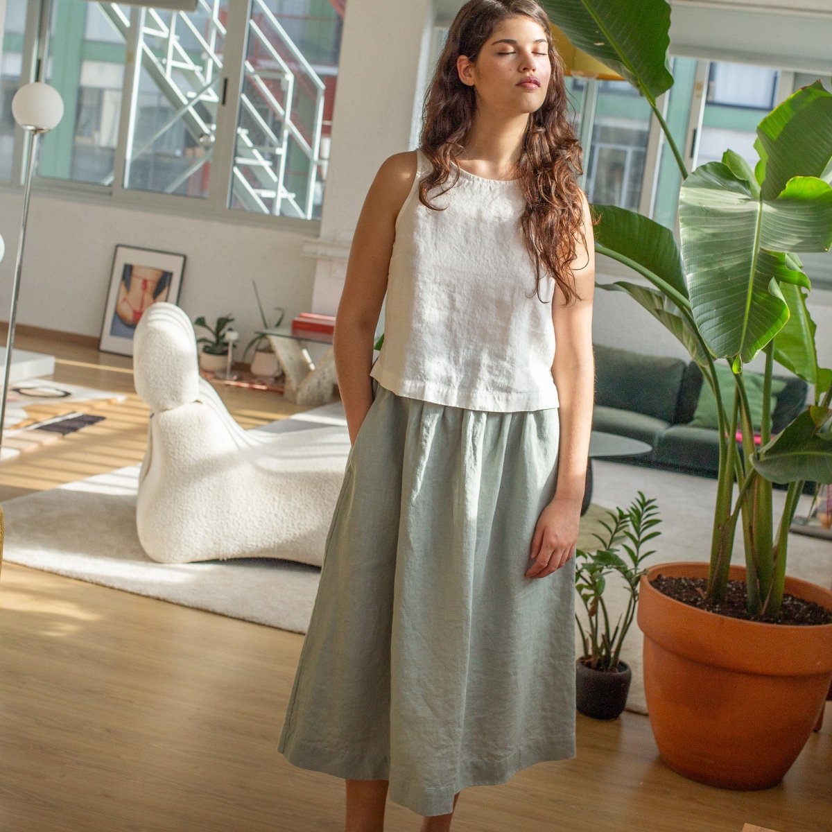 Bay-2 (or Bay) linen top in Cream + Sion linen skirt in Succulent Green (non-customizable) - notPERFECTLINEN