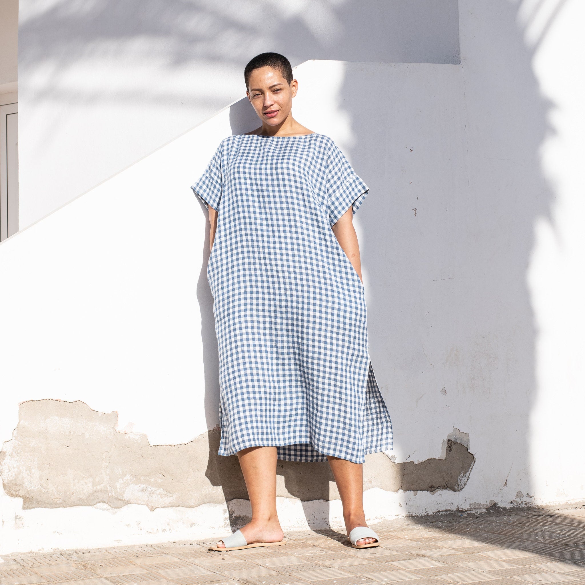Loose long linen tunic FATIMA / in light weight blue gingham