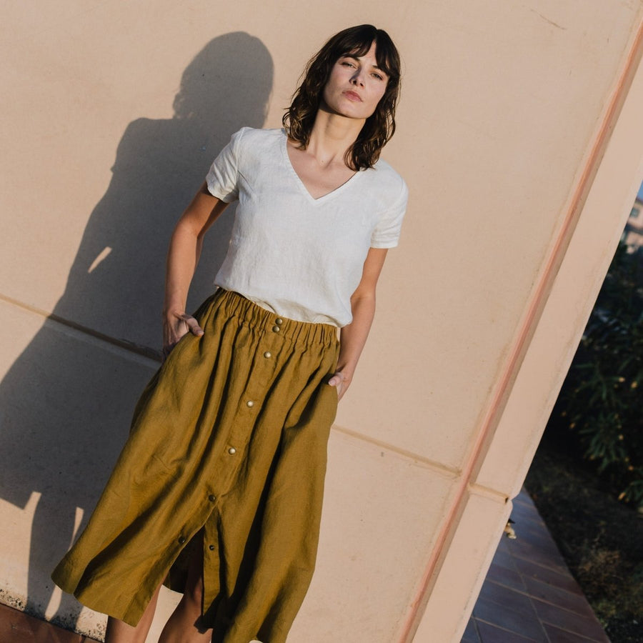 Linen Midi Skirt - MARSEILLE Front Snap – notPERFECTLINEN